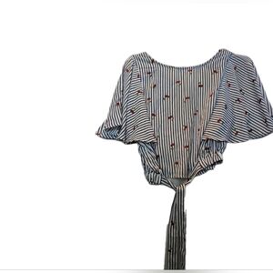 🔥“TRUTH” NYC Women's 2 Striped Elastic Front Cropped Pullover Top Bell Sleeves